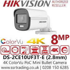 كاميرا هايكفيجن ColorVu 8MP/4K بوليت، عدسة 3.6مم، صورة ملونة 24/7، ضوء أبيض 20م، IP67 DS-2CE10UF3T-E